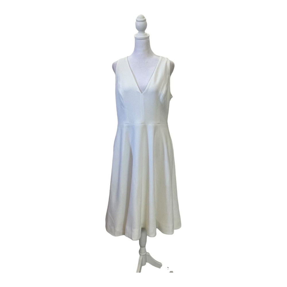 Dress the Population Dress Womens L White Catalina Crepe V Neck Fit Flare Midi